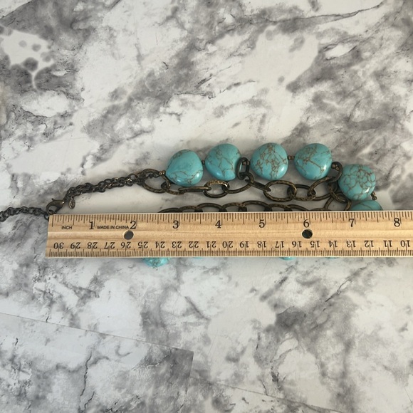 Premier Designs faux turquoise stone brass tone necklace & earrings matching set - Picture 7 of 8